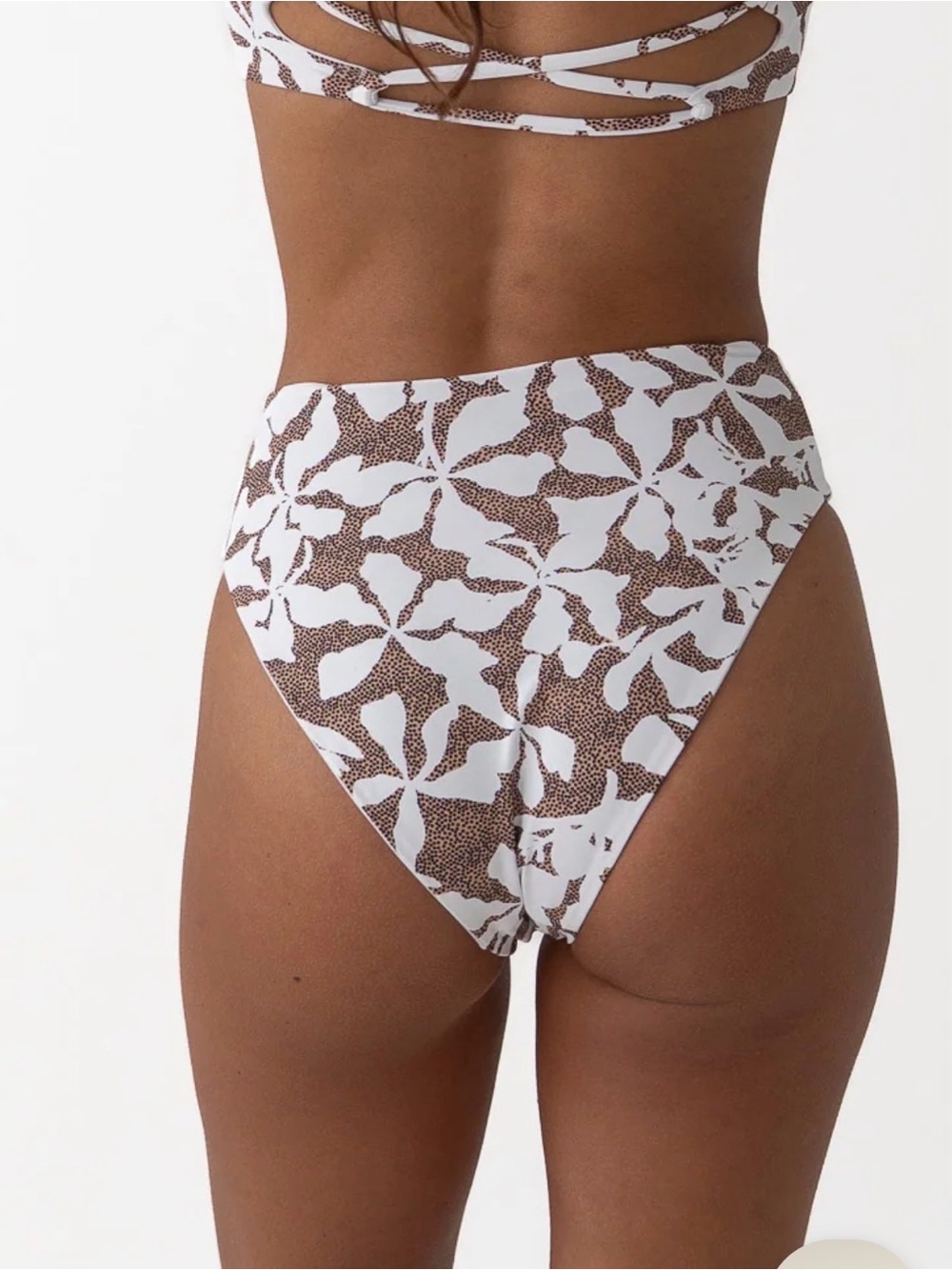 Salted Oasis Mid-Waist Bikini bottoms only. White with Brown Leaf Print - Picture 2 of 4